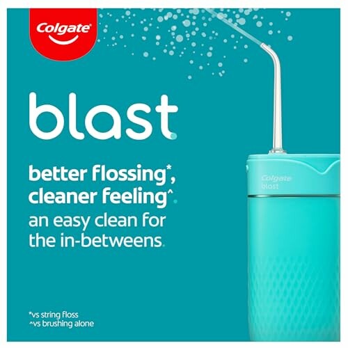 Colgate Blast water flosser advertisement with text highlighting better flossing and cleaner feeling.