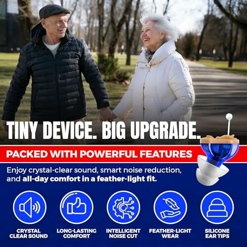 Elderly couple walking with hearing aid promotion text.