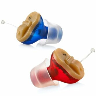 Pair of in-ear hearing aids, one blue and one red.