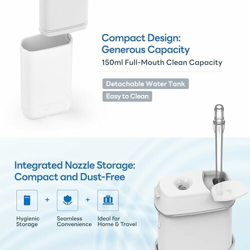 Portable water flosser with detachable water tank and nozzle storage.