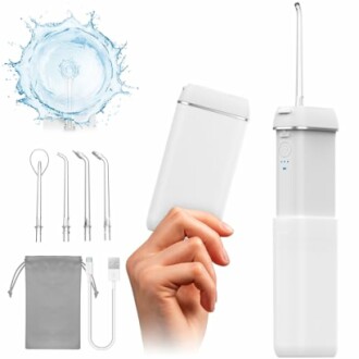 Portable water flosser with accessories and travel pouch.