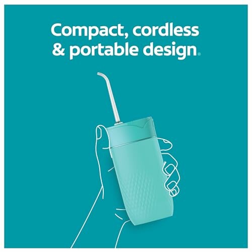 Illustration of a hand holding a compact, cordless water flosser with a portable design.