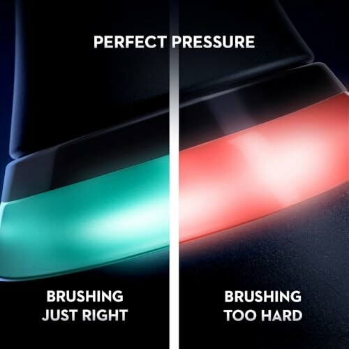 Toothbrush pressure indicator showing green for correct pressure and red for too hard.