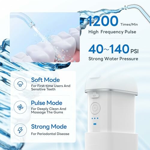 Water flosser features including high frequency pulse and strong water pressure.